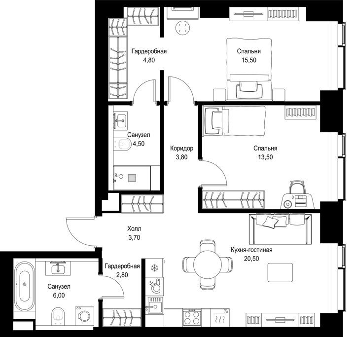 2-комнатная квартира, 75,1 м² — фото 1