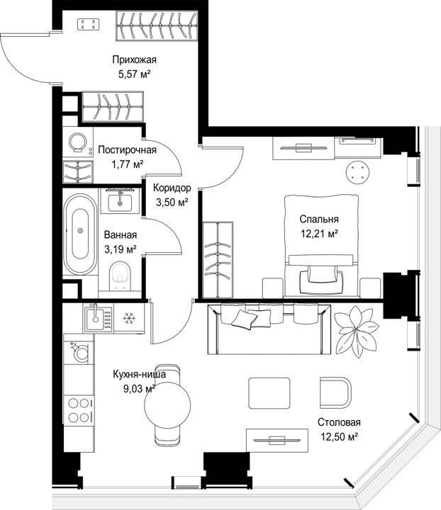 1-комнатная квартира, 47,8 м² — фото 2