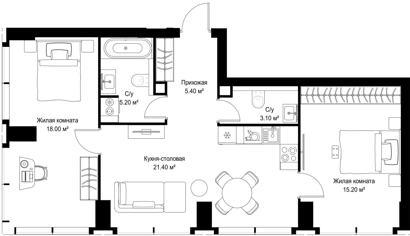 2-комнатная квартира, 68,3 м²