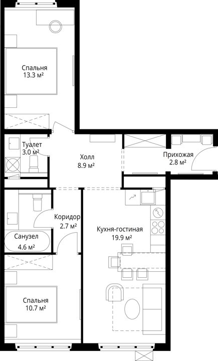 2-комнатная квартира, 65,9 м² — фото 1