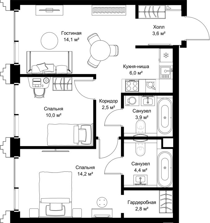 2-комнатная квартира, 61,5 м²