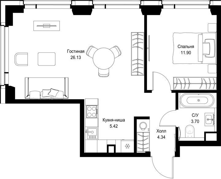1-комнатная квартира, 51,5 м²