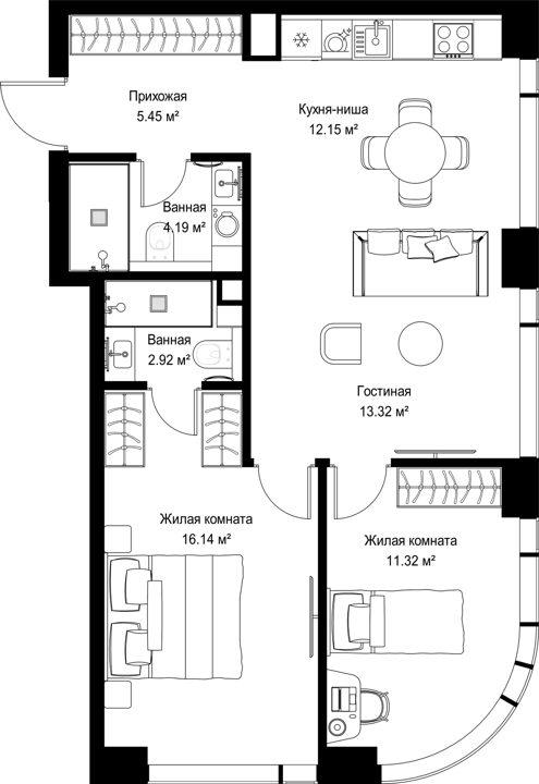 2-комнатная квартира, 65,5 м²