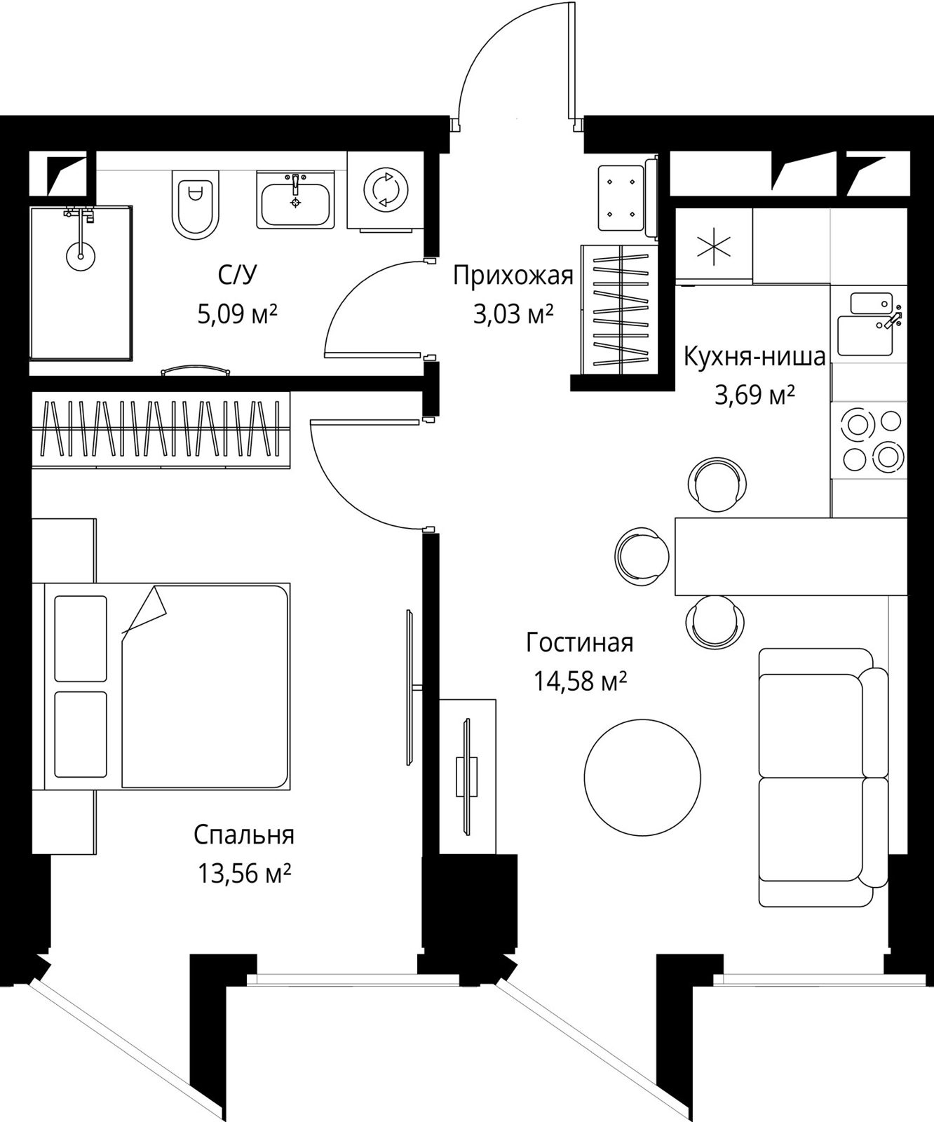 1-комнатная квартира, 39,9 м²