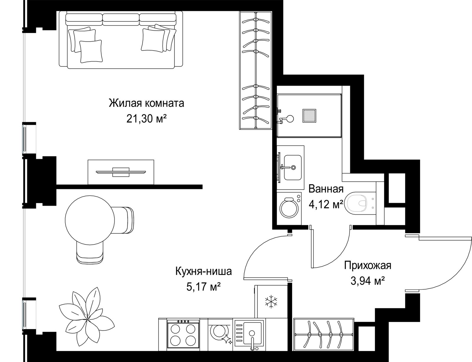 1-комнатная квартира, 34,5 м²