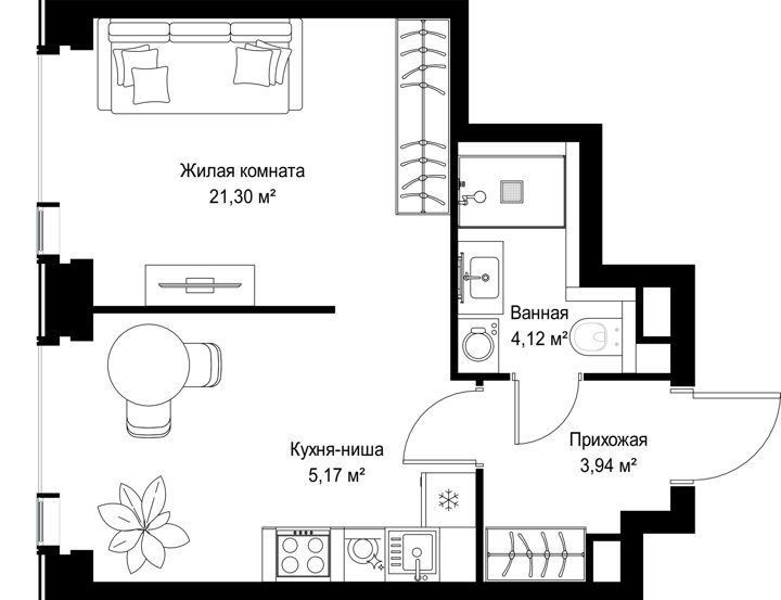 1-комнатная квартира, 34,5 м² — фото 1