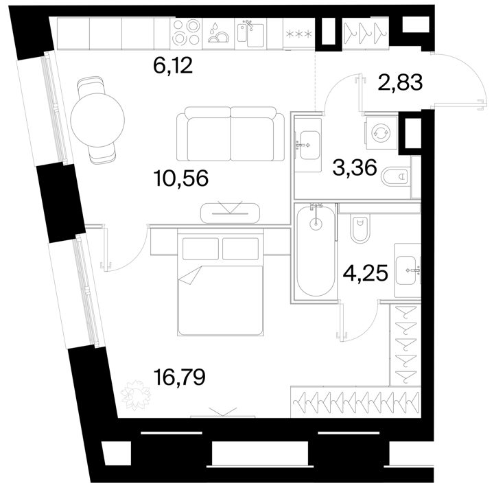 1-комнатная квартира, 43,9 м²