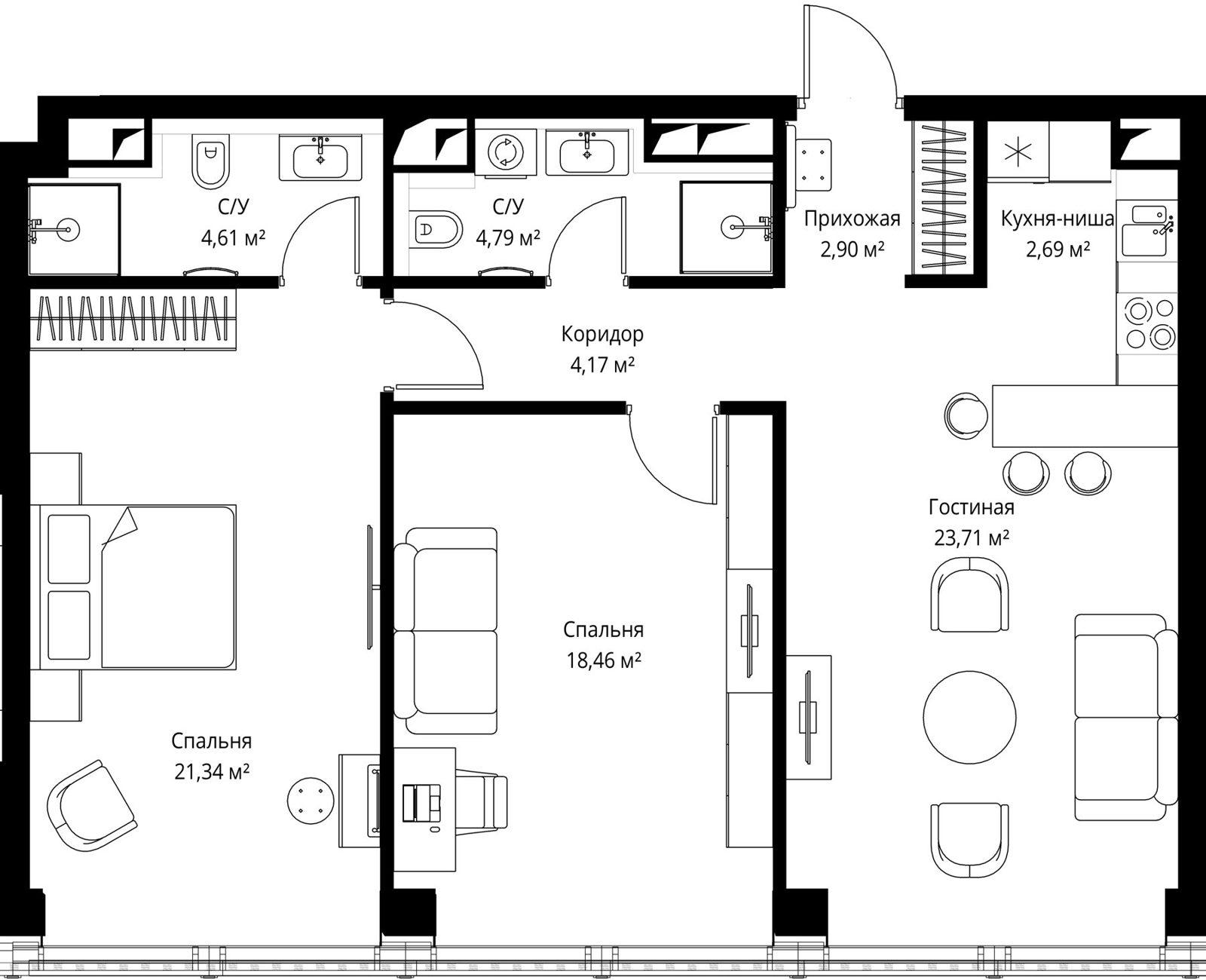 2-комнатная квартира, 83 м²