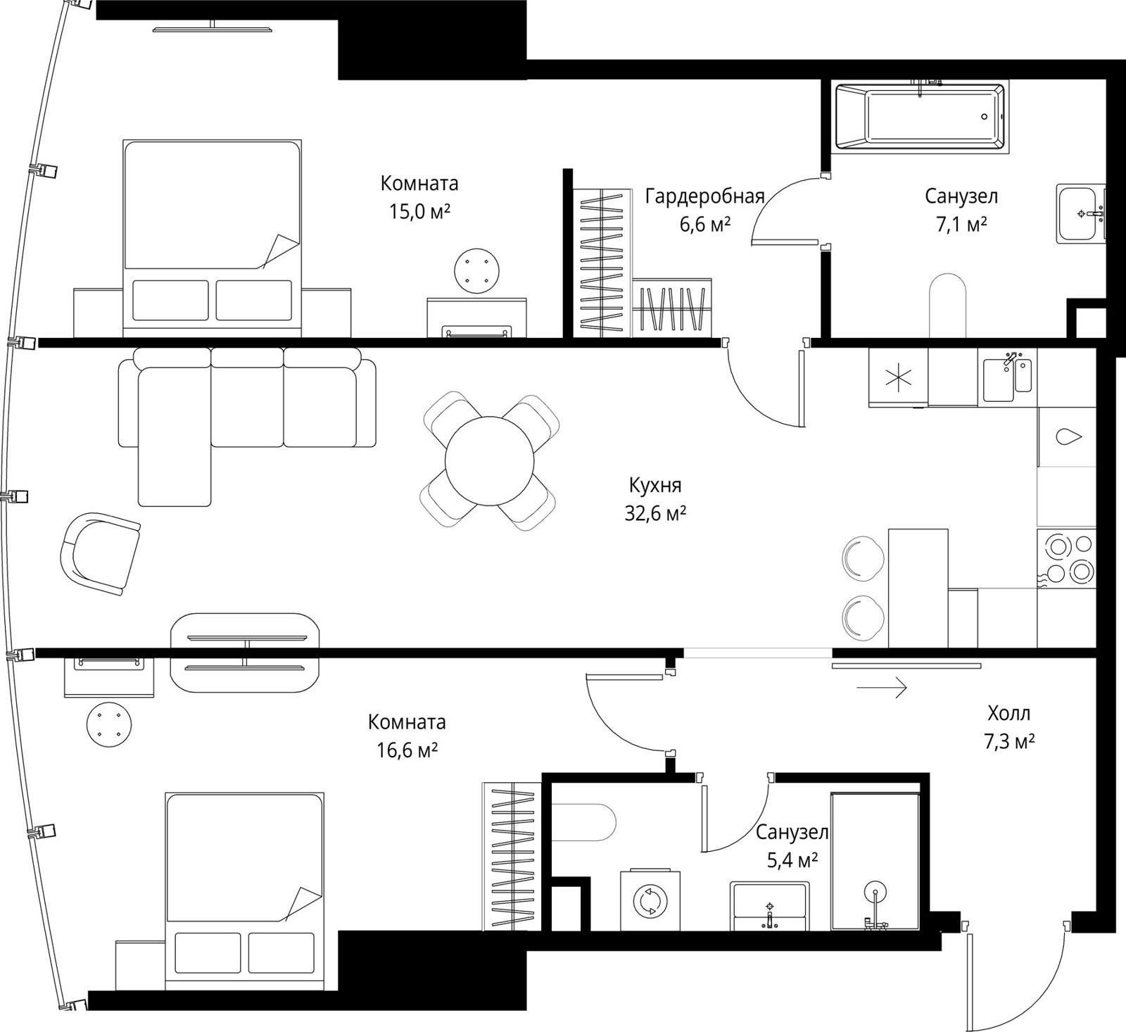 2-комнатная квартира, 90,6 м²