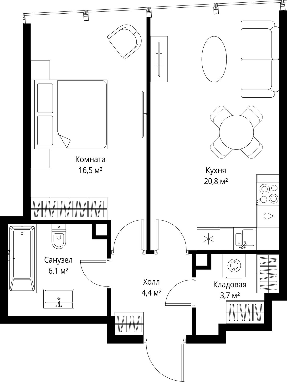 1-комнатная квартира, 51,5 м²