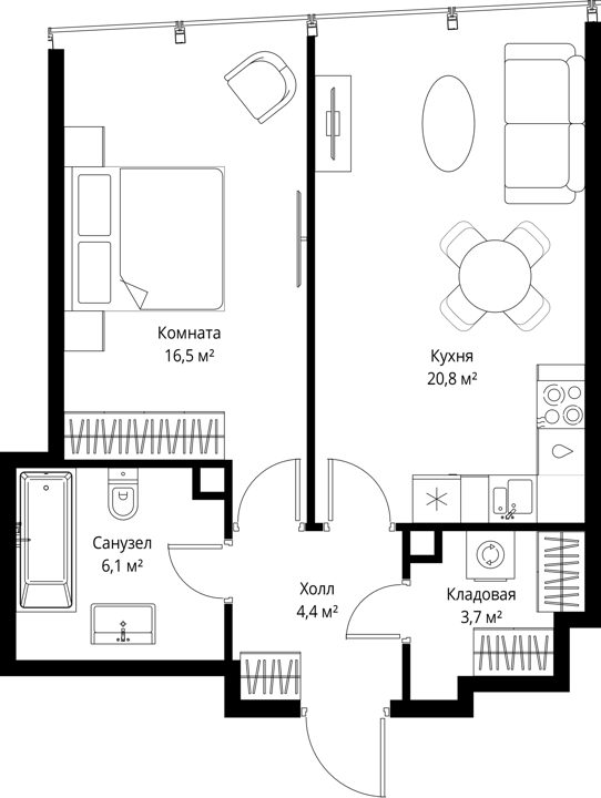 1-комнатная квартира, 51,5 м²