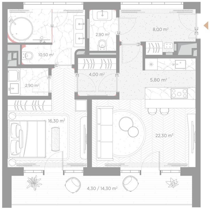 1-комнатная квартира, 77 м²