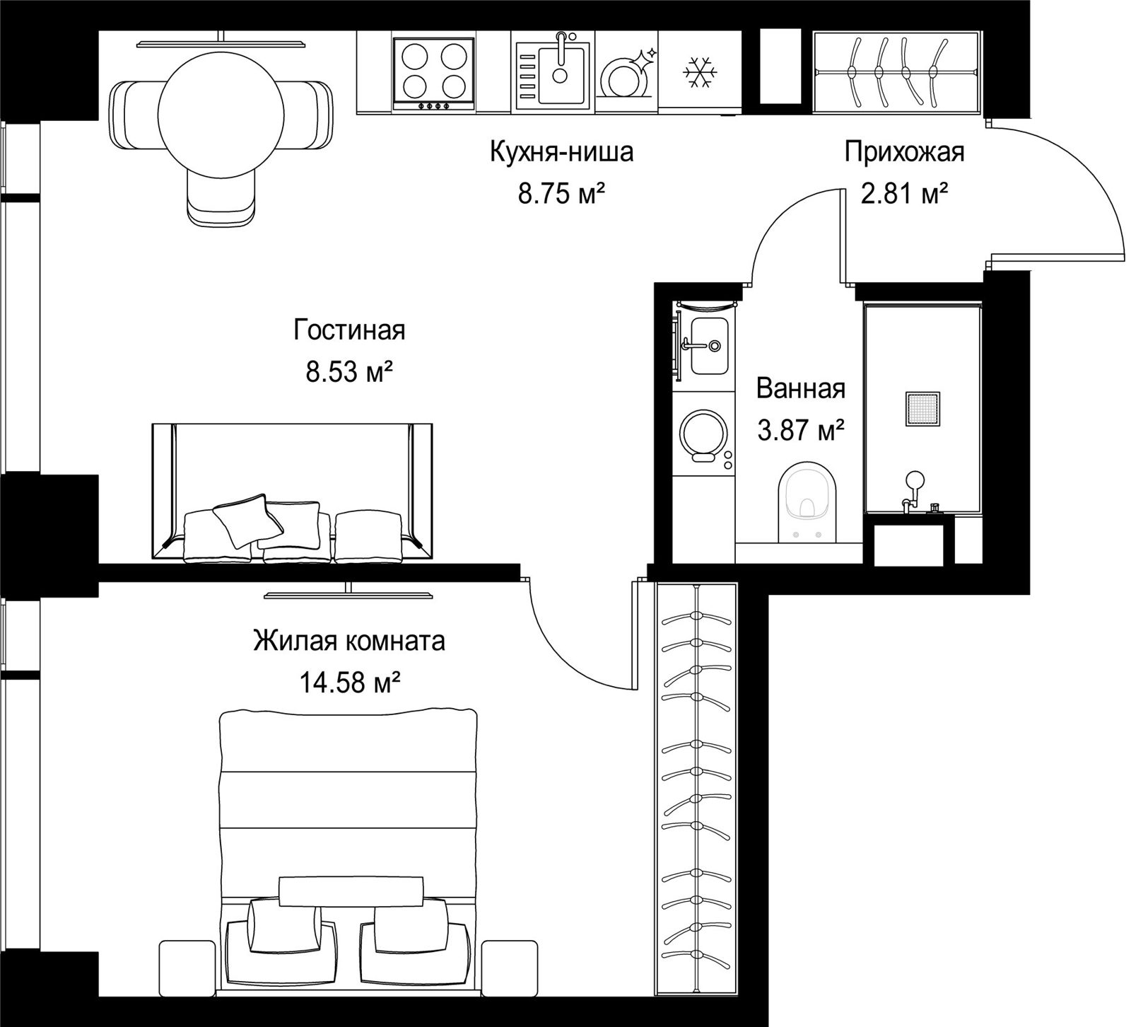 1-комнатная квартира, 38,5 м²