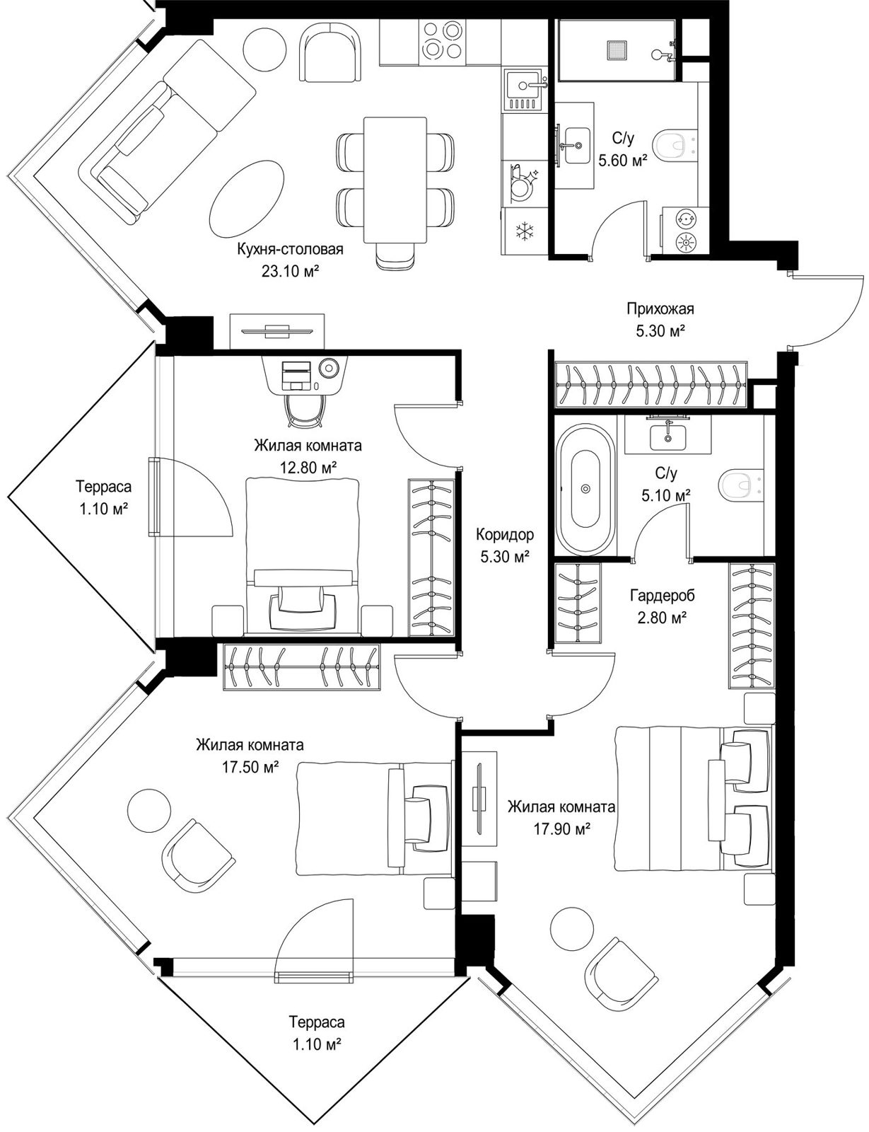 3-комнатная квартира, 97,6 м²