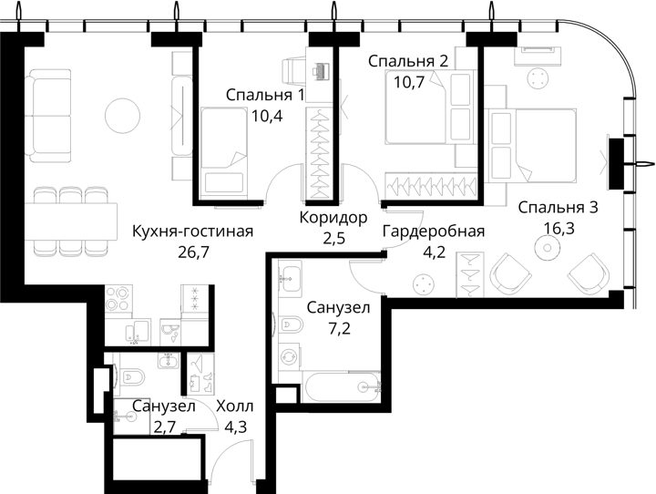 3-комнатная квартира, 85 м² — фото 1