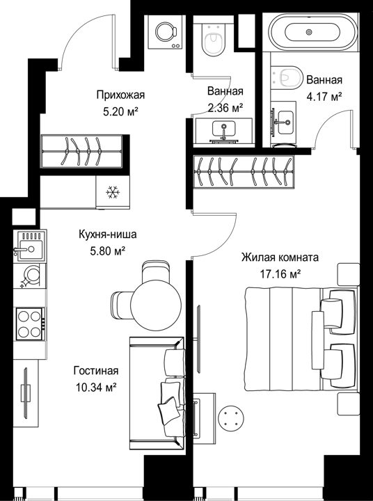 1-комнатная квартира, 45 м²