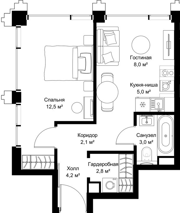 1-комнатная квартира, 40,4 м²