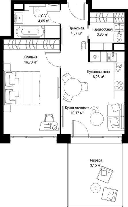 1-комнатная квартира, 49 м² — фото 1