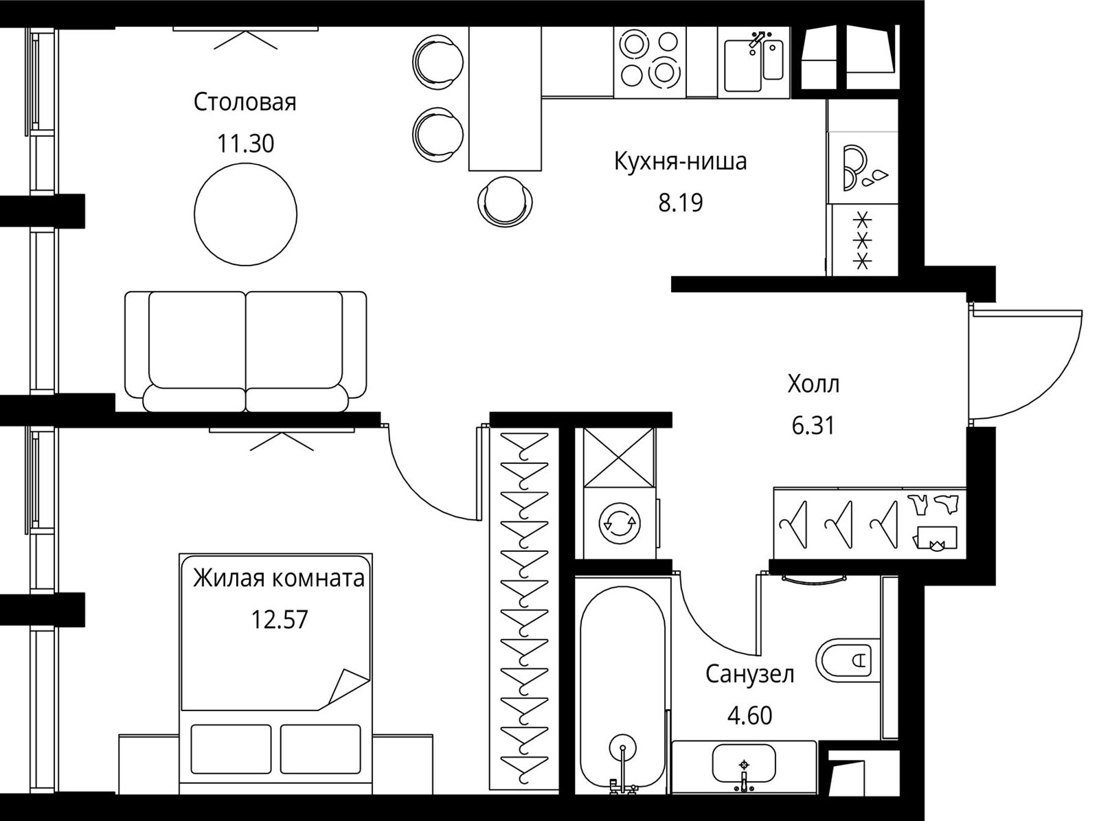 1-комнатная квартира, 43 м²