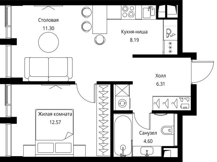 1-комнатная квартира, 43 м² — фото 1
