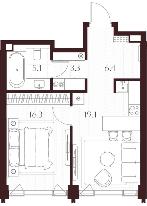 1-комнатная квартира, 50,2 м² — фото 1