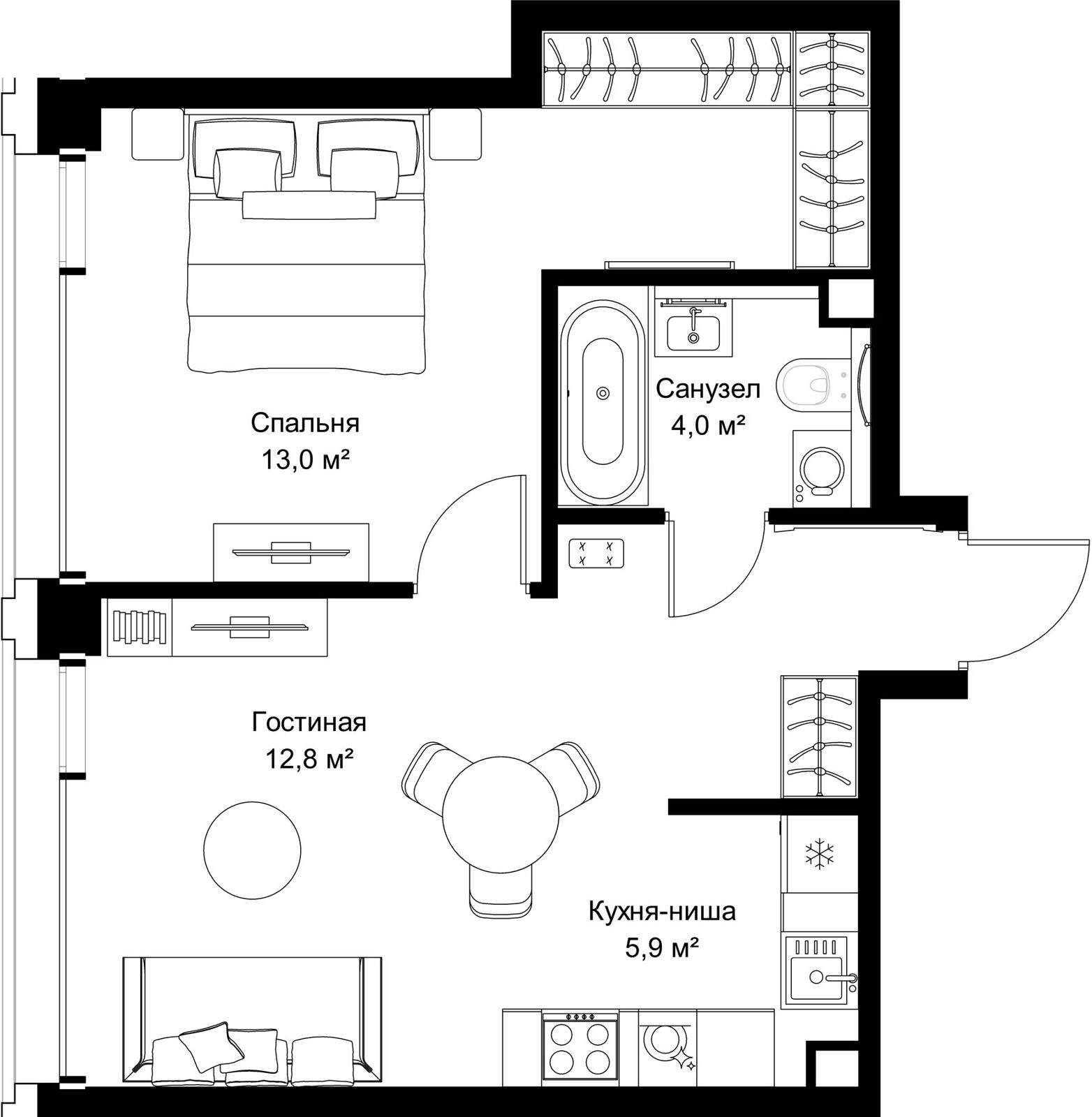 1-комнатная квартира, 46,2 м²