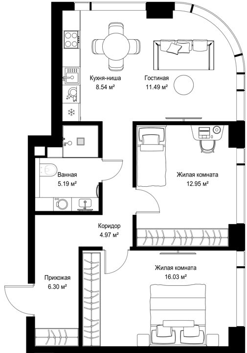 2-комнатная квартира, 65,5 м²