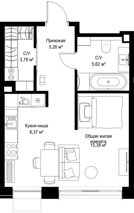 1-комнатная квартира, 38,4 м² — фото 1