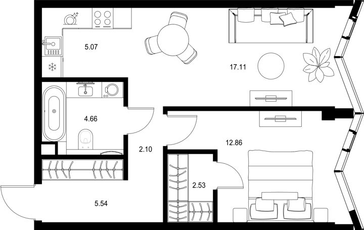 1-комнатная квартира, 49,9 м²
