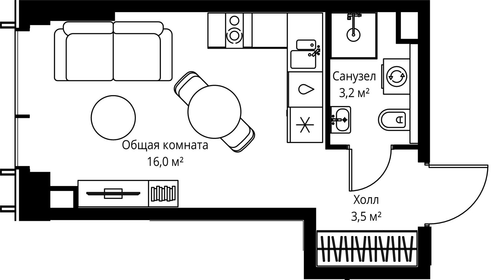 Квартира-студия, 22,7 м²