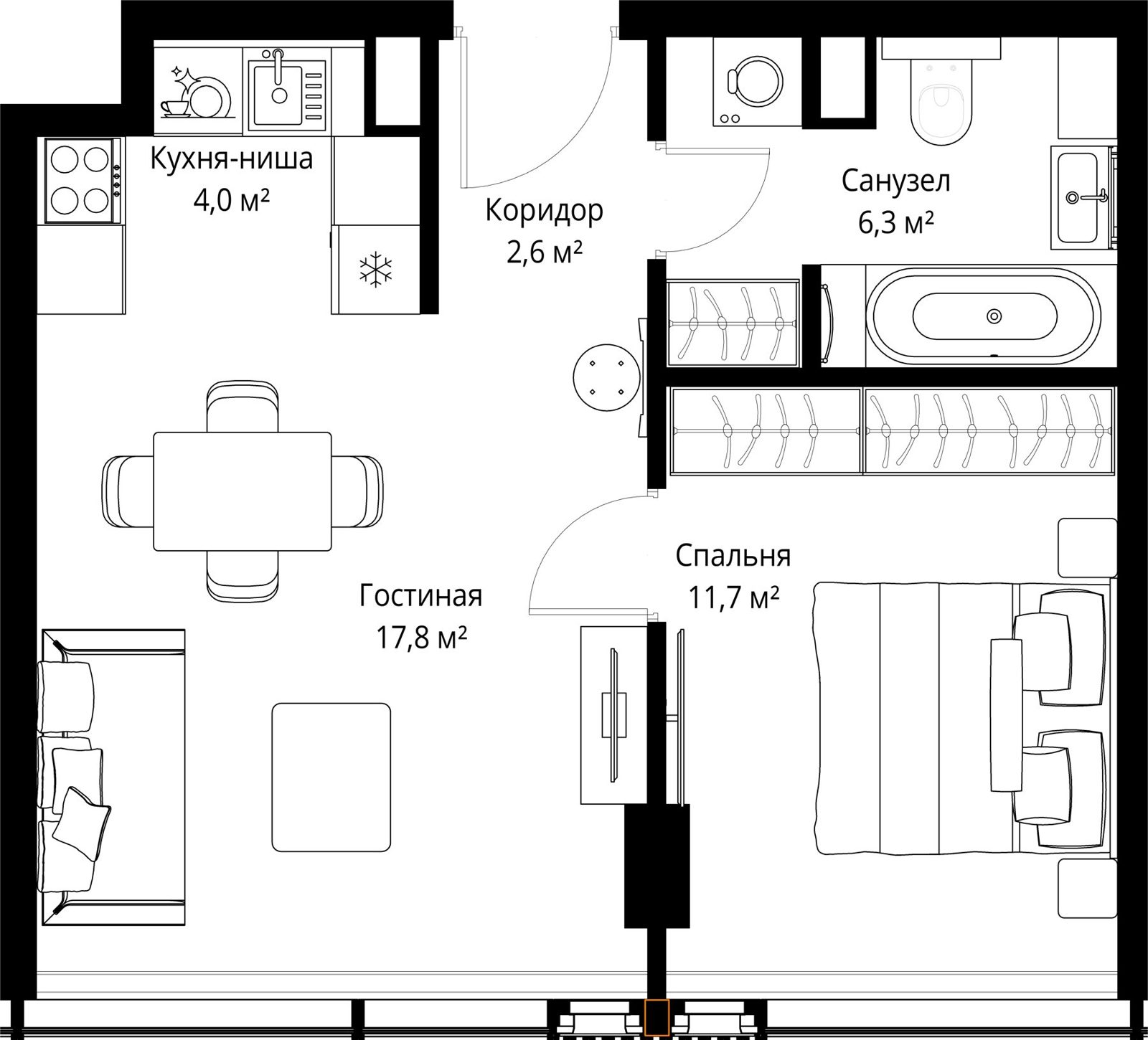 1-комнатная квартира, 42,4 м²
