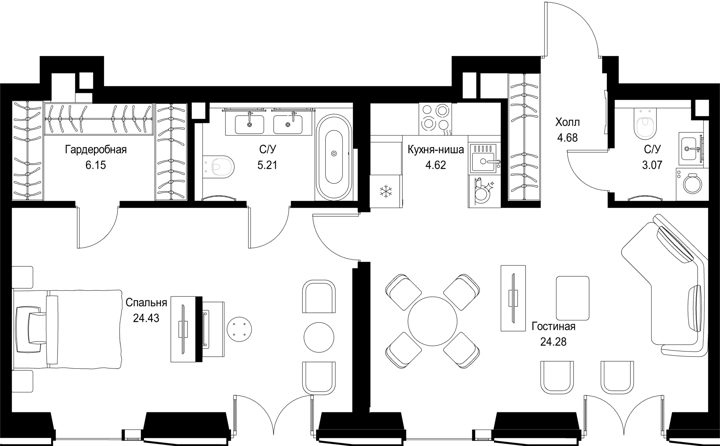 1-комнатная квартира, 72,4 м² — фото 1