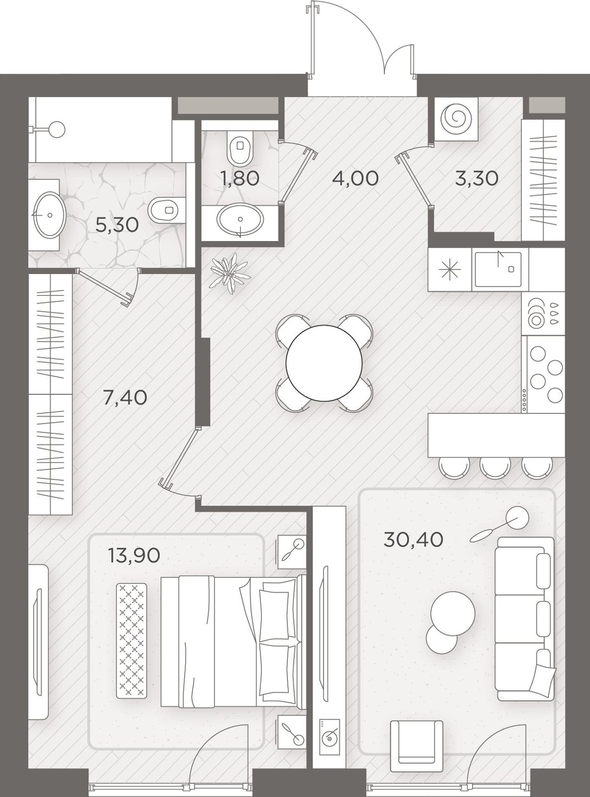 1-комнатная квартира, 66,1 м²