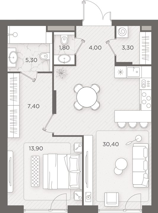 1-комнатная квартира, 66,1 м²