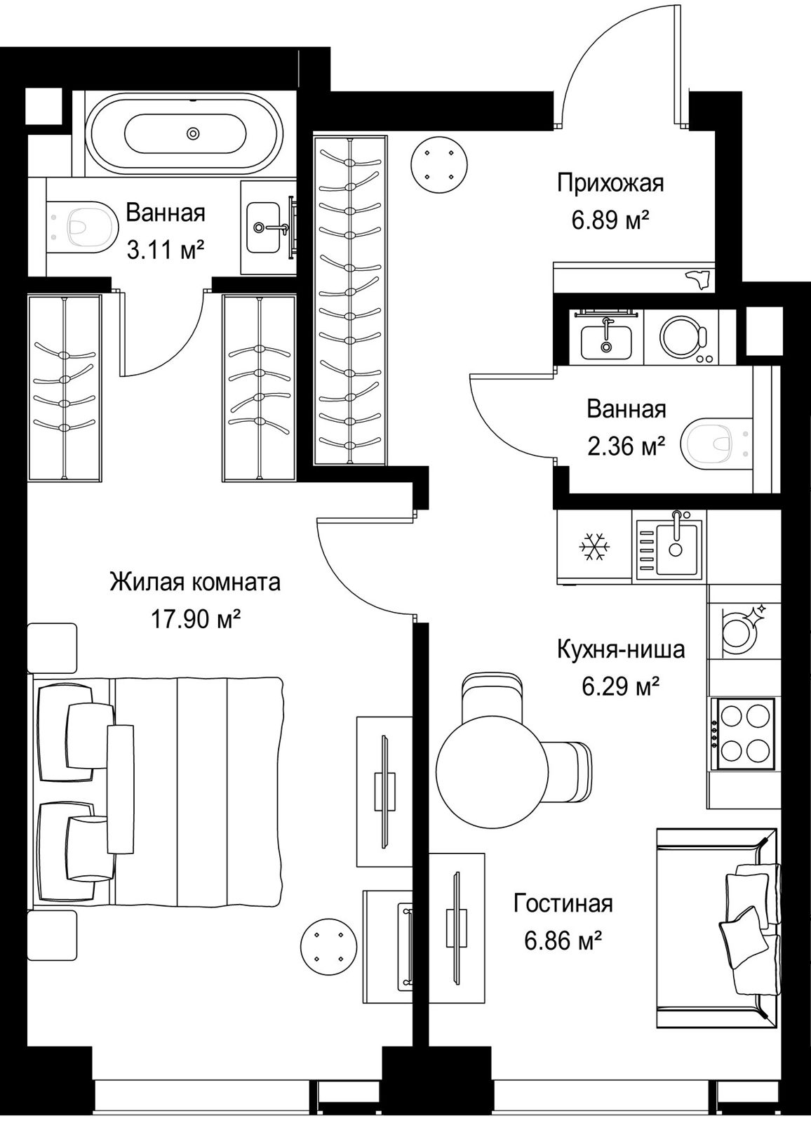 1-комнатная квартира, 43,4 м²