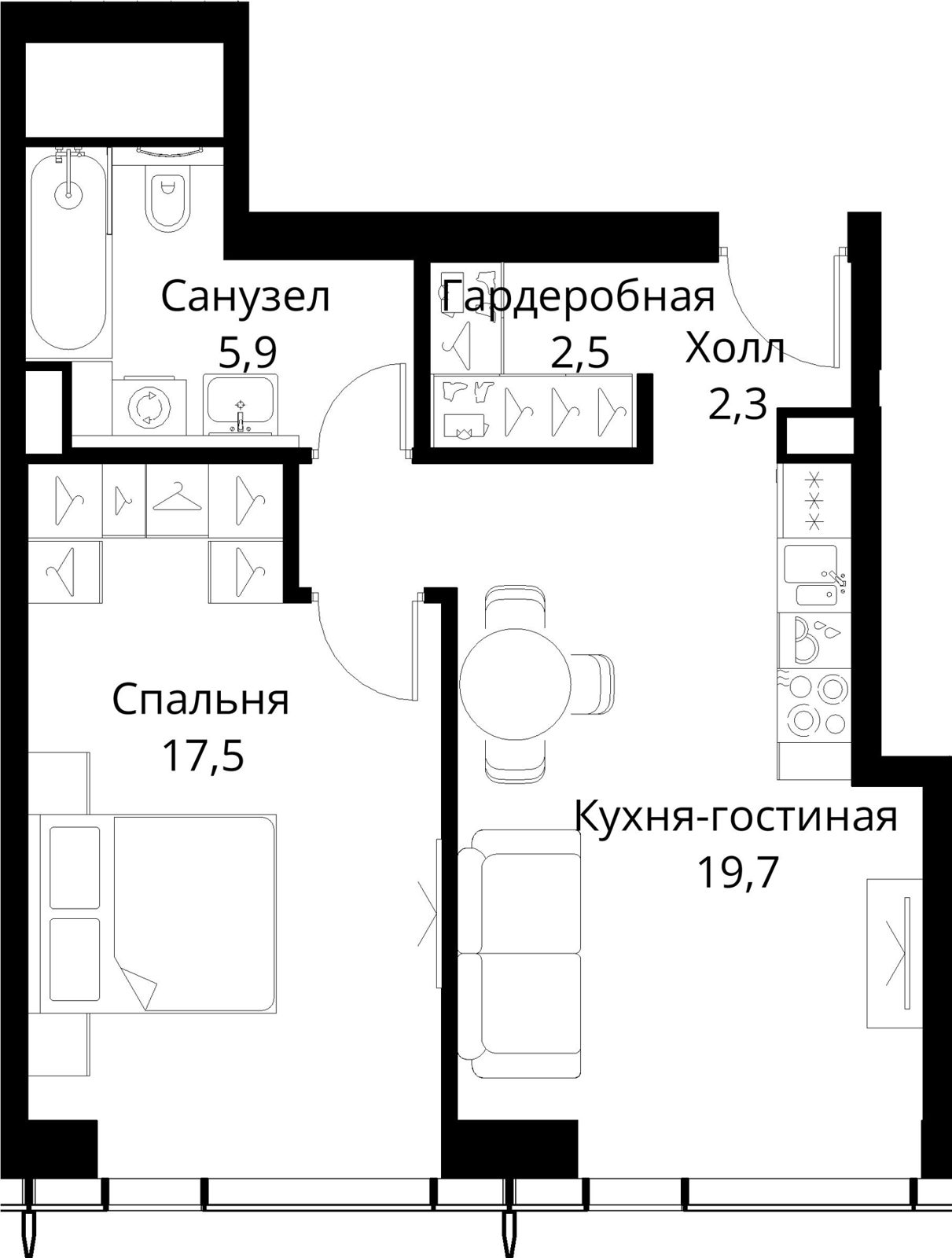 1-комнатная квартира, 49,2 м²