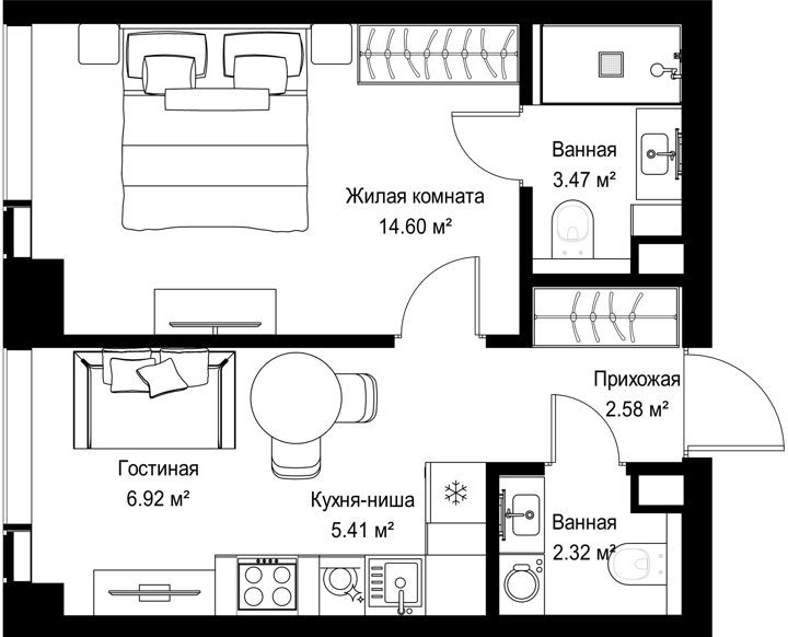 1-комнатная квартира, 35,3 м²