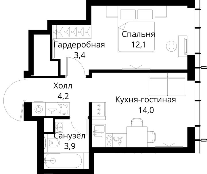 1-комнатная квартира, 37,6 м² — фото 1