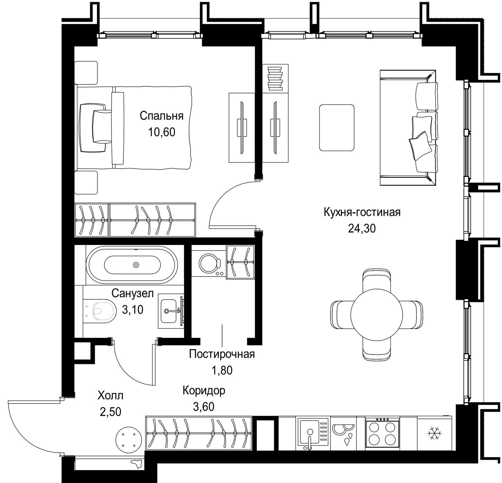 1-комнатная квартира, 45,9 м²