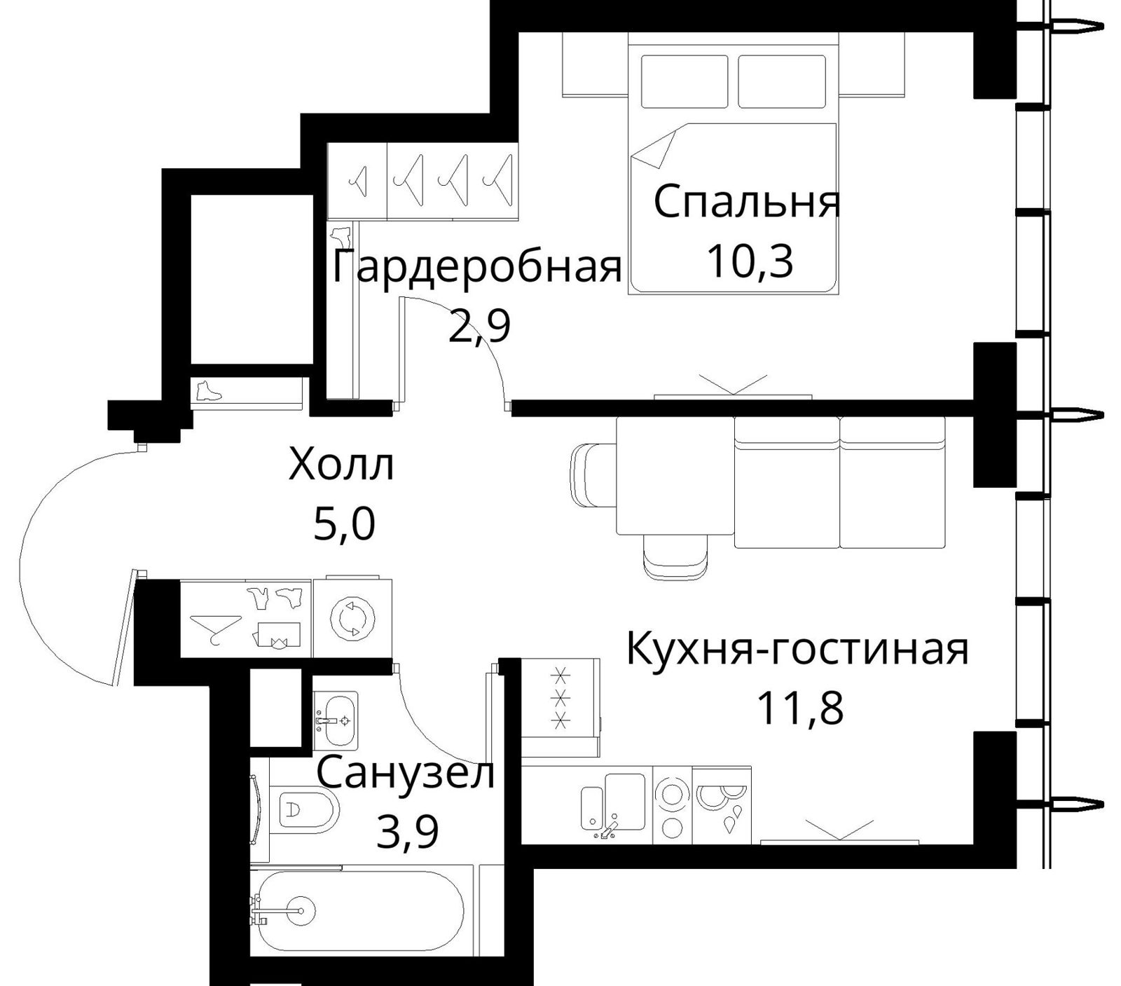 1-комнатная квартира, 33,9 м²