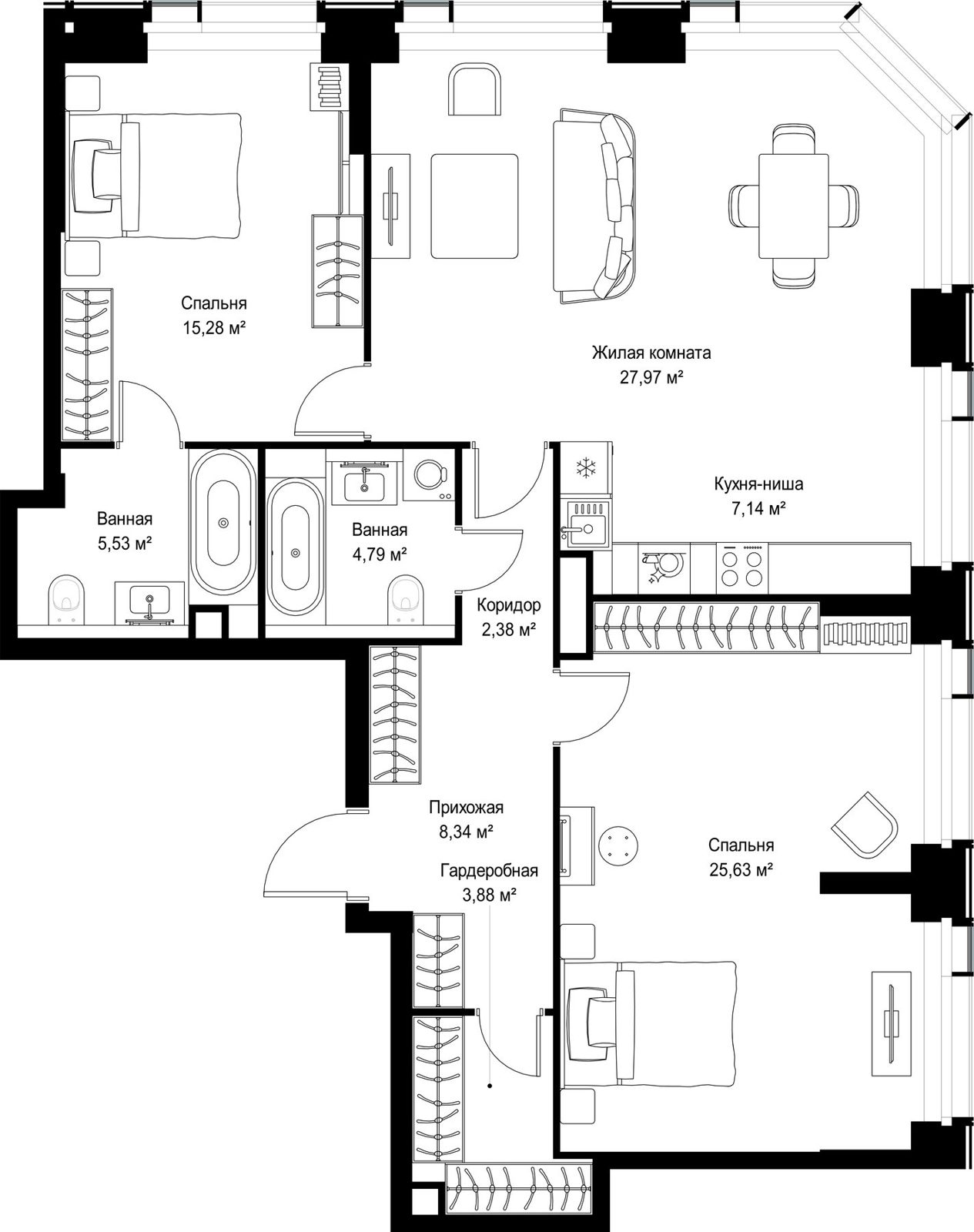 3-комнатная квартира, 100,9 м²
