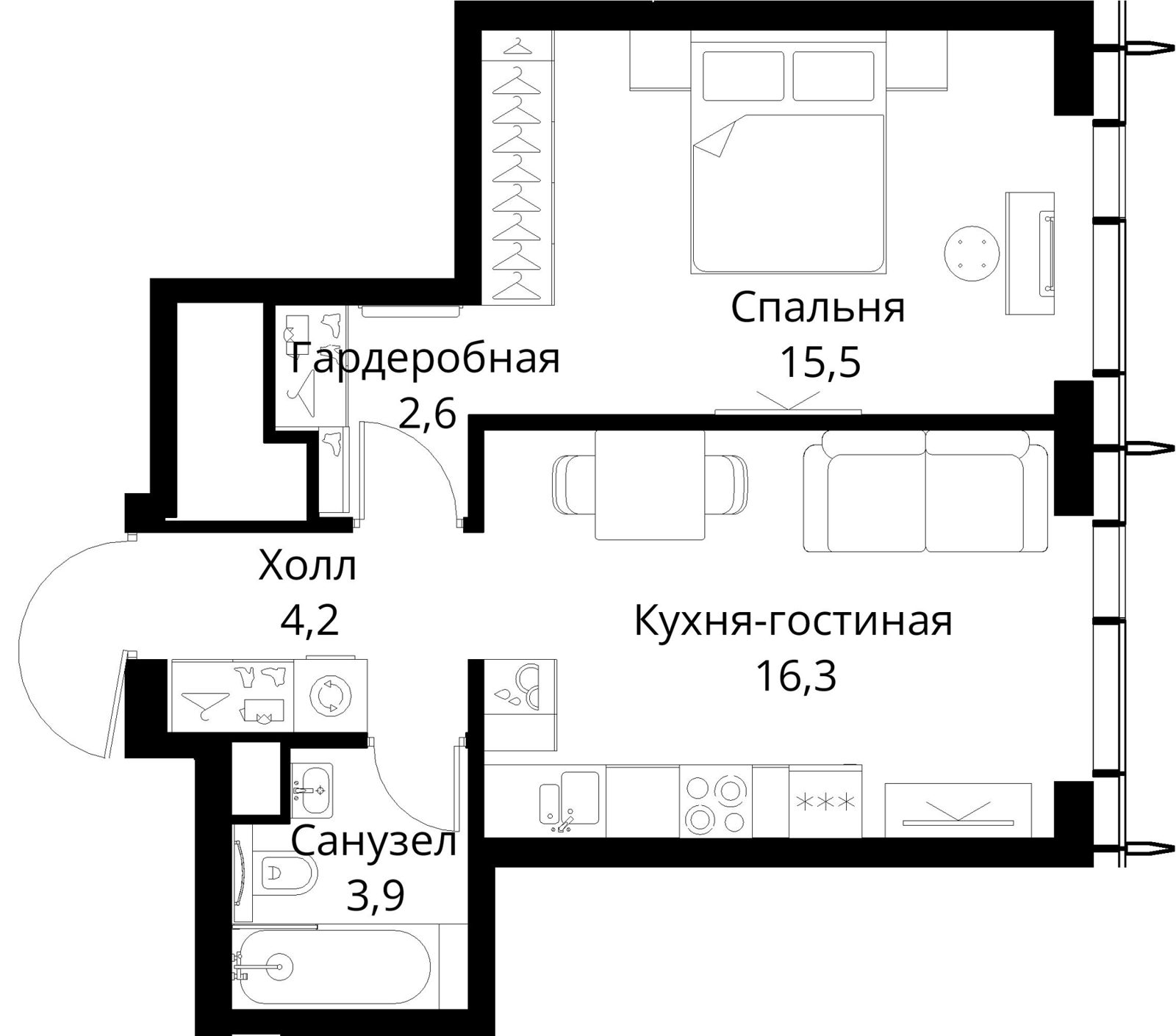 1-комнатная квартира, 42,5 м²