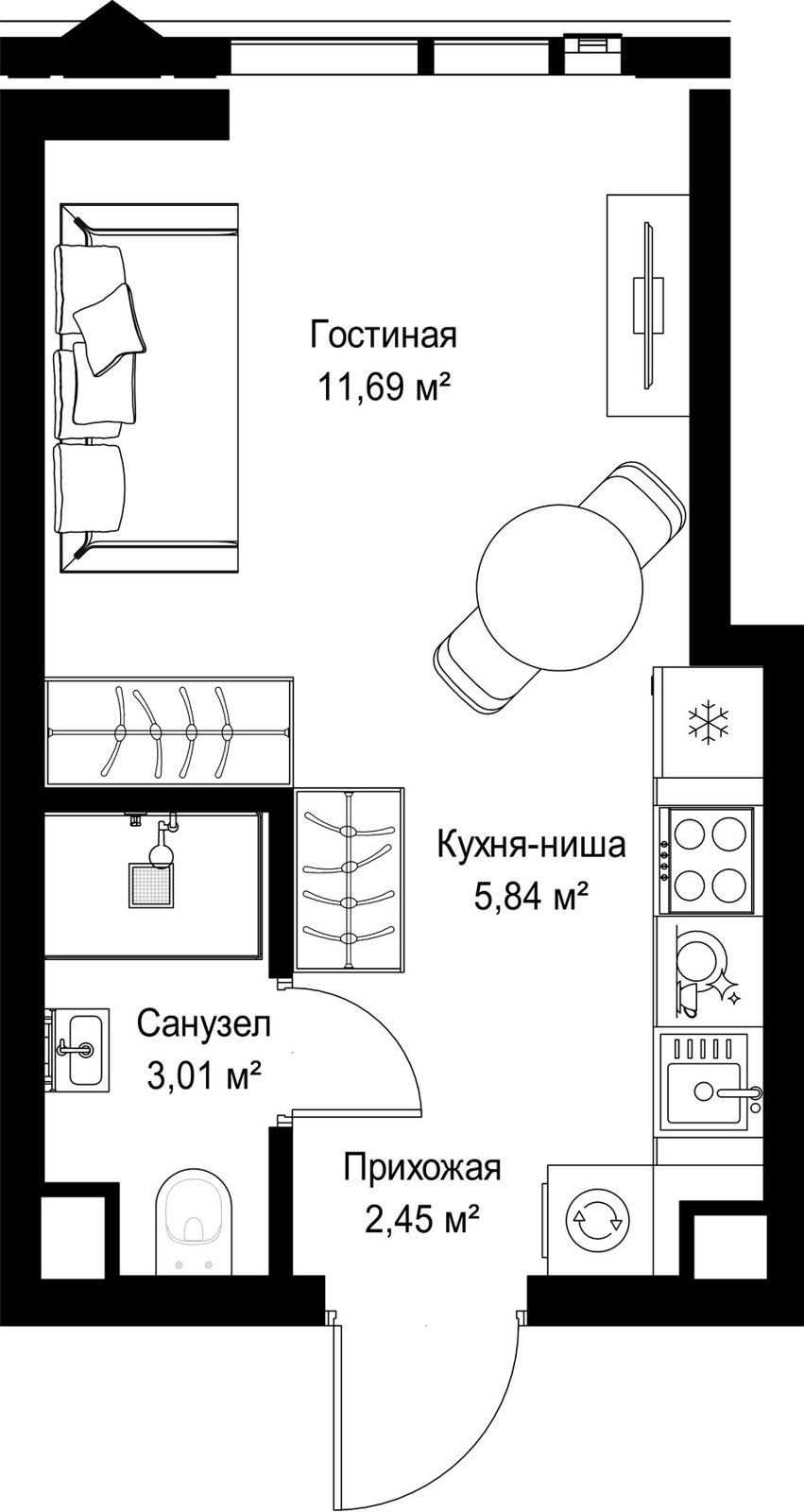 Квартира-студия, 23 м²