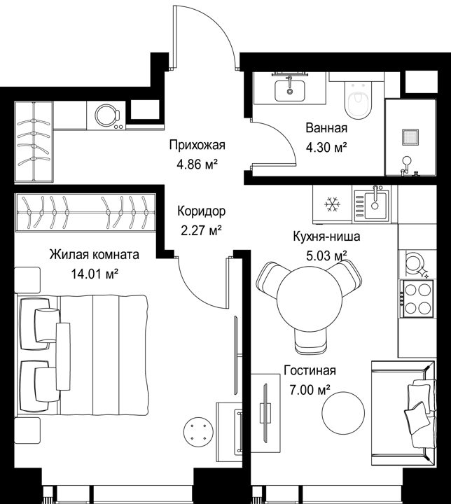 1-комнатная квартира, 37,5 м²