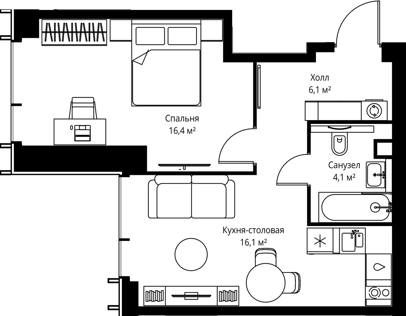 1-комнатная квартира, 42,7 м²