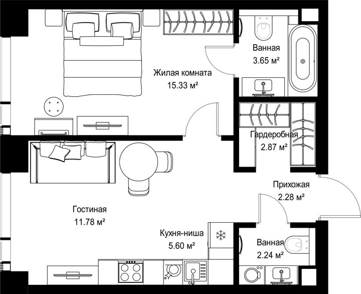 1-комнатная квартира, 43,8 м²