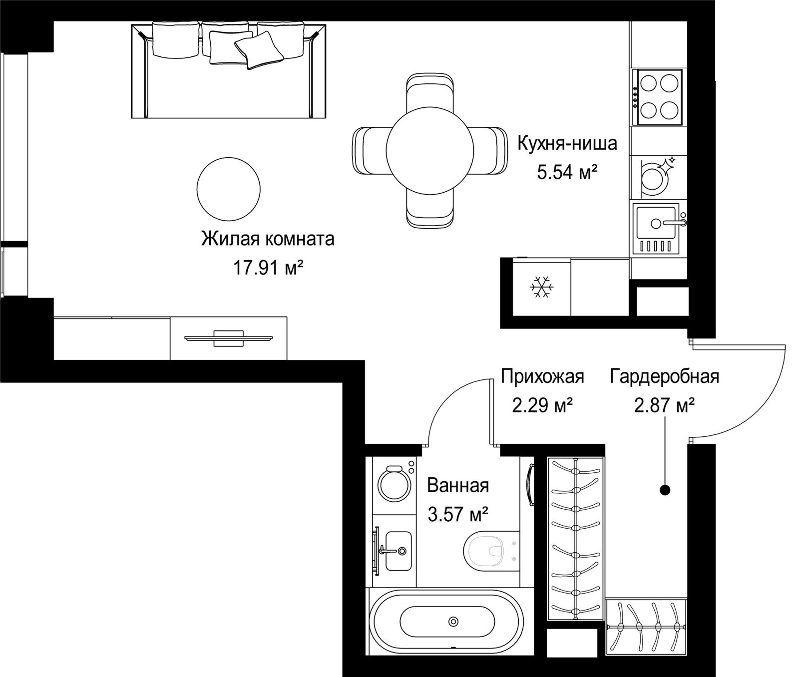 Квартира-студия, 32,2 м²