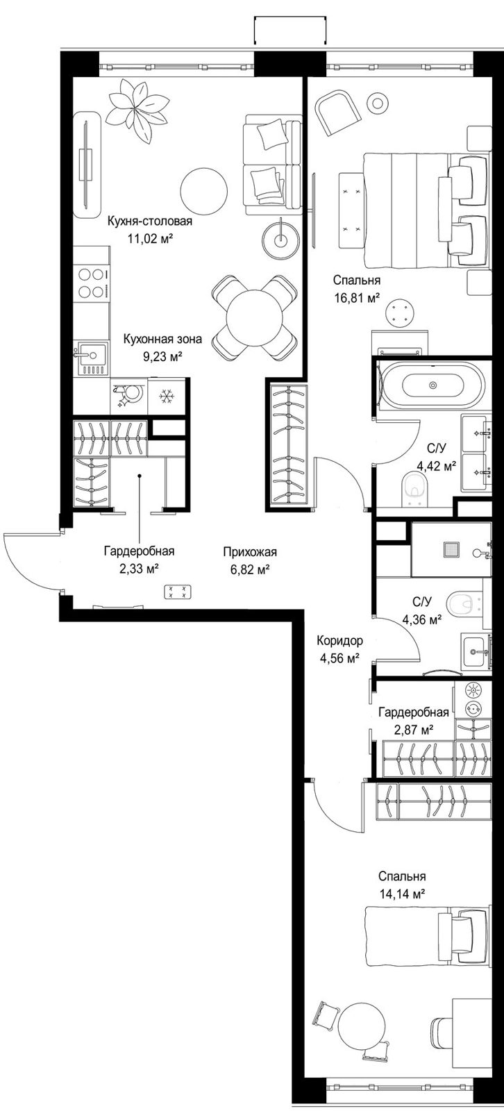 2-комнатная квартира, 76,6 м²