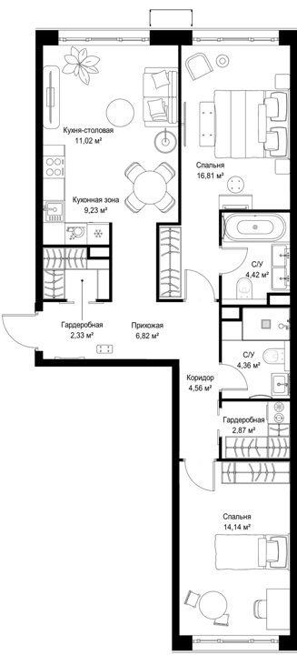 2-комнатная квартира, 76,6 м² — фото 1