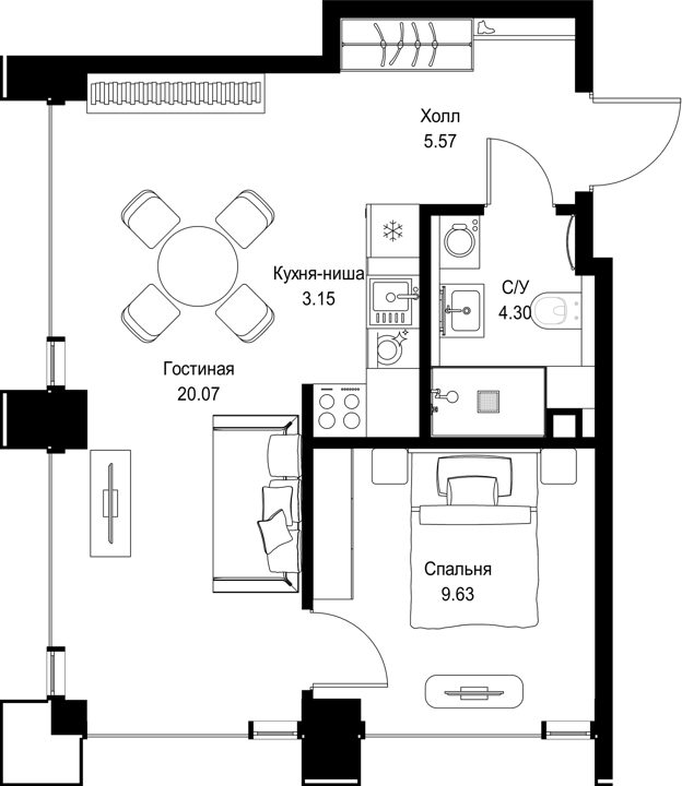 1-комнатная квартира, 42,7 м²